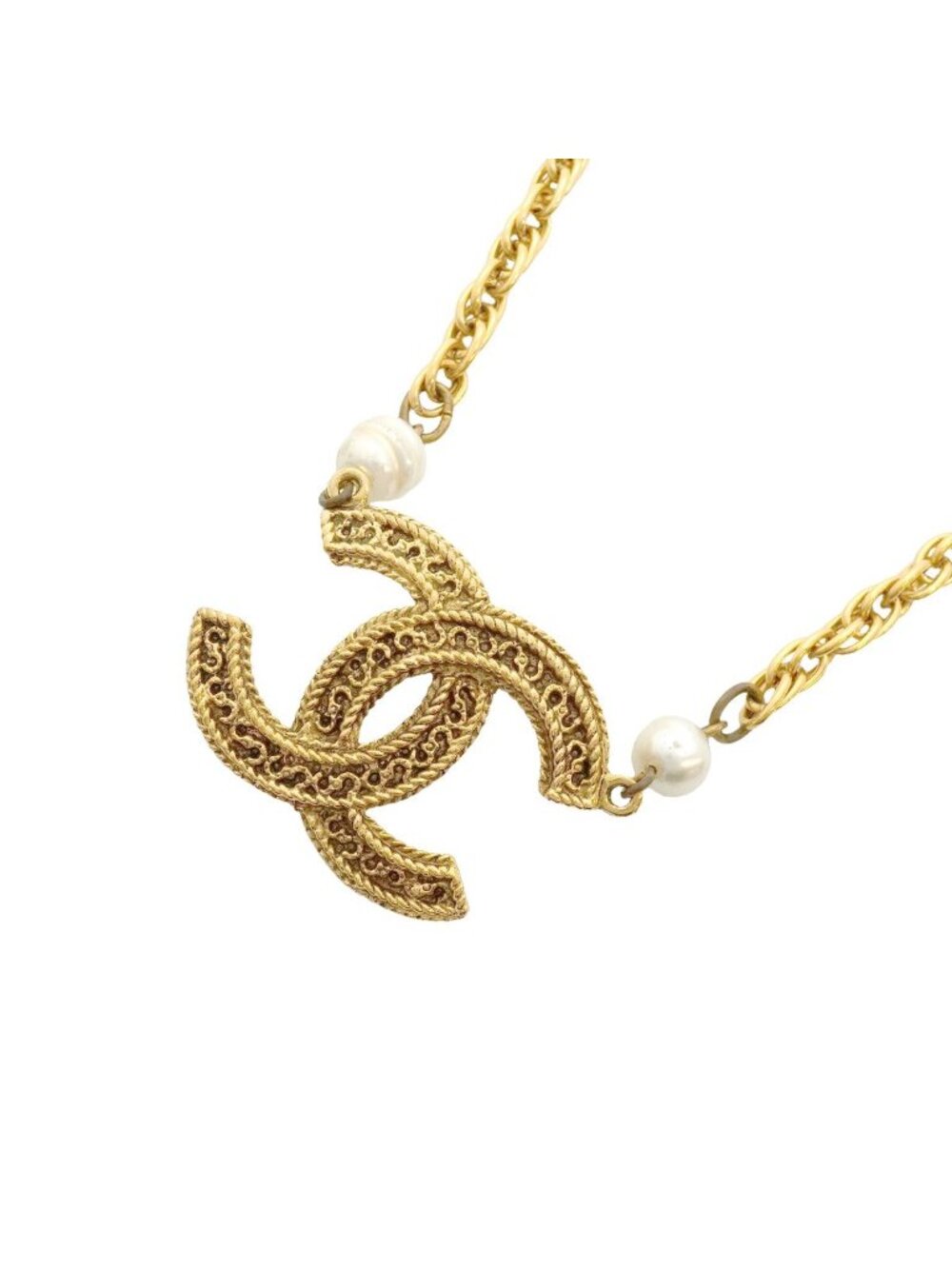 Chanel Necklace Vintage CC Logo Gold Plated Faux Pearl